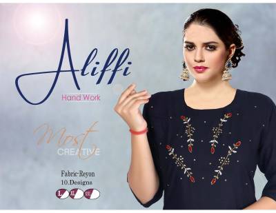 Moksha Aliffi By Trendy Fancy Rayon Handwork Kurti Collection